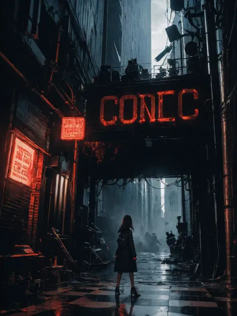 a woman standing in a dark alley with neon signs