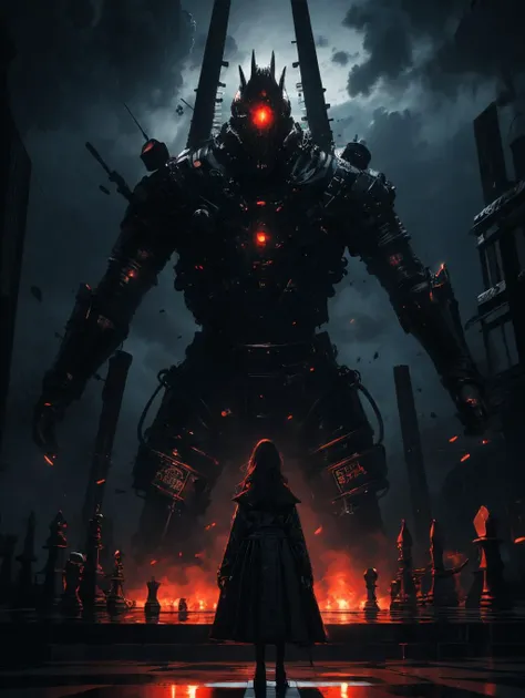 a man standing in front of a giant robot with red eyes