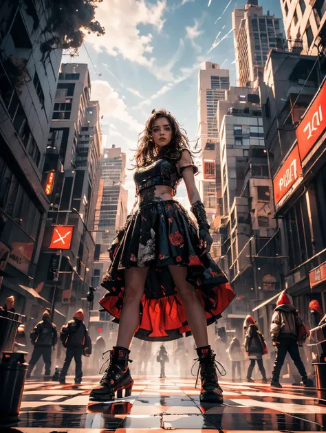 Creative portrait photography, A shot with tension, chess, (wide shot, wide-angle lens, from below, Fisheye lens, Panoramic:1.2), 1girl, (looking at viewer:1.5) determined, pointing at viewer, nice hands, perfect hands, attacking the audience, (sky glo...