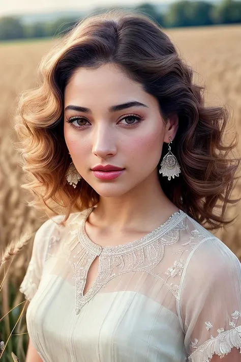 beautiful woman (T4m4nn4Bh4t14:.99), perfect (( Glamorous vintage curls, classic and refined, :1.2))  , ((portrait)), (closeup:1.2), ((from the waist up)), (((  A sun-soaked wheat field, swaying with the wind, :1.2 ))), natural skin texture,  ((      Ether...