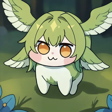 anime character with angel wings and a green dress