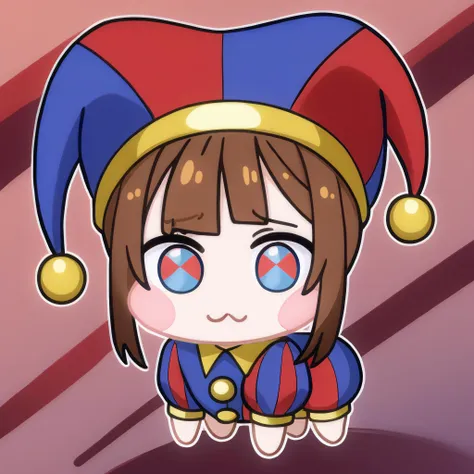 anime girl with a clown hat and red and blue outfit