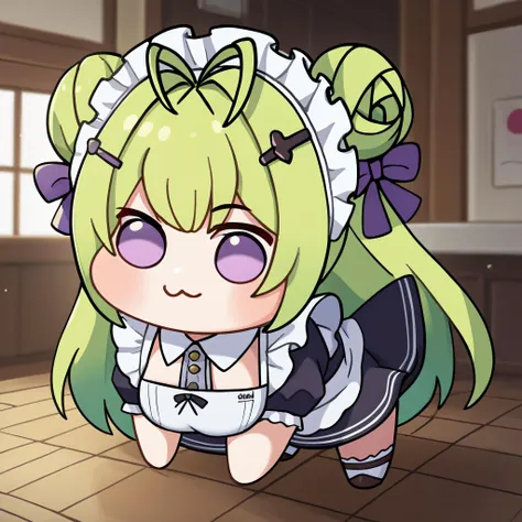 anime character with green hair and purple eyes in a kitchen