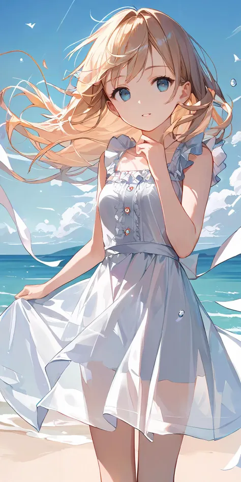 anime girl in a dress on the beach with a kite