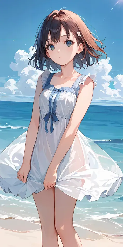 anime girl in a white dress standing on the beach