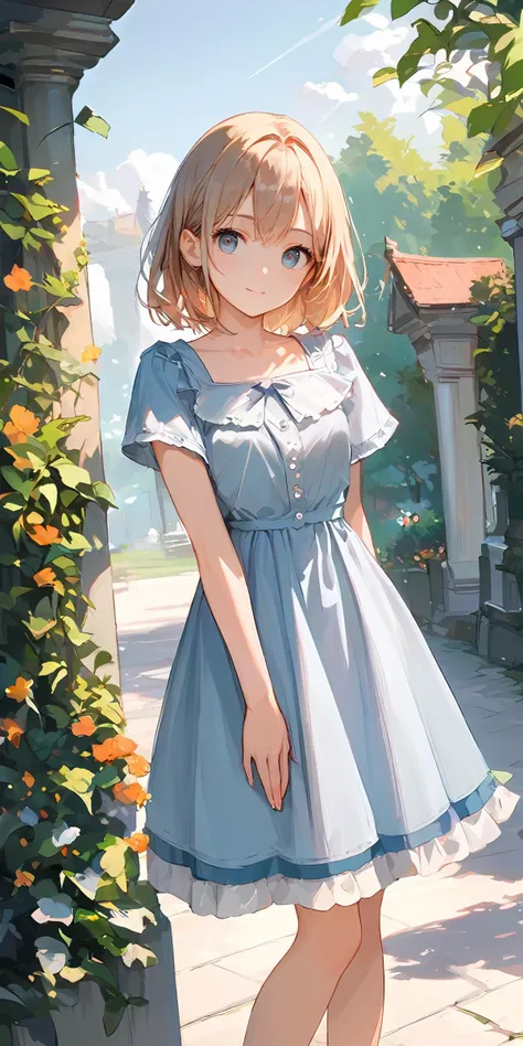 anime girl in blue dress standing in front of a house