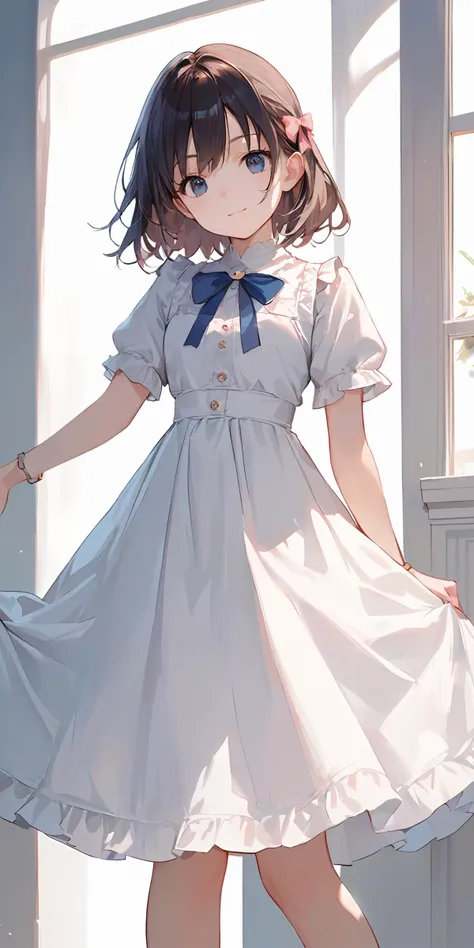 anime girl in a white dress standing in front of a window