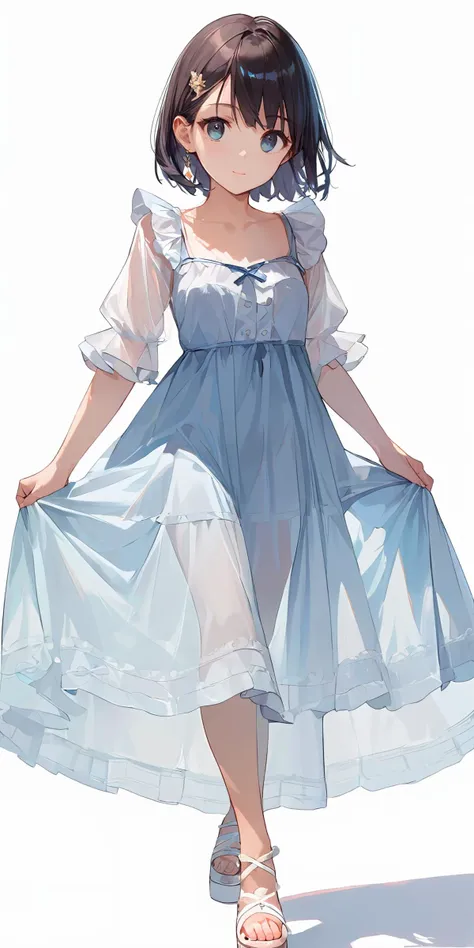 anime girl in blue dress with white dress and sandals