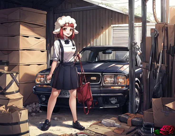 (art by kitsuko mura:1.2), 1girl, looking at viewer, cowboy shot, at a garage, absurdres, best quality, high quality, highres, p...