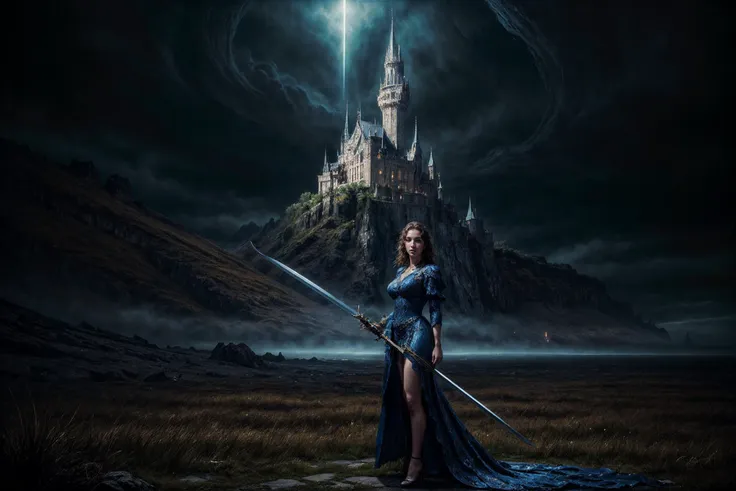 a woman in a blue dress holding a sword standing in front of a castle