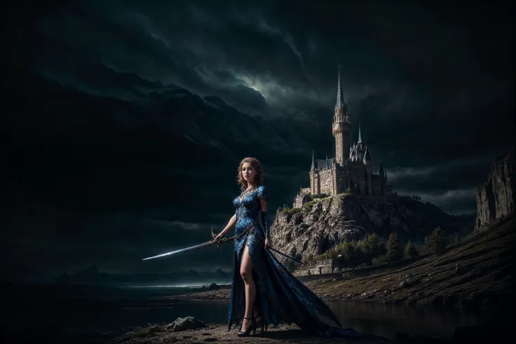 a woman in a blue dress holding a sword standing in front of a castle