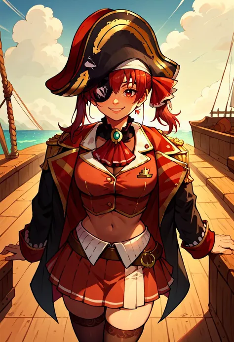 score_9, score_8_up, score_7_up, 1girl, solo, marine_pirate, hair ribbon, red ascot, red skirt, belt, leotard under clothes, black leotard, black thighhighs, black coat, pirate hat, eyepatch, red eyes, outdoors, harbor, pirate ship, smile, <lora:senchouXL:...