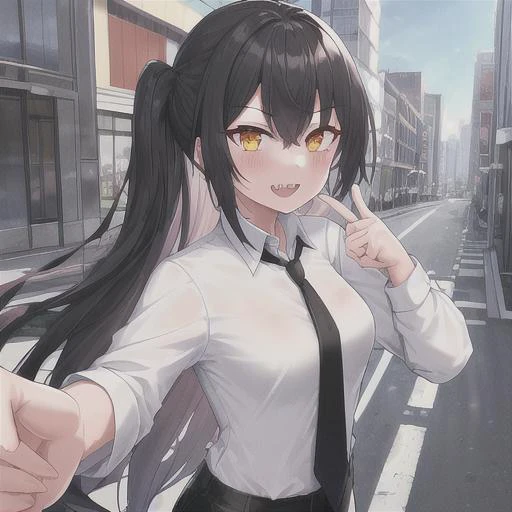 <lora:corneo_power:0.7> best quality, 1girl, (+_+), orange eyes, small breasts, (evil grin:0.8), (sharp teeth:0.9), white collared shirt, pointing, black necktie, black pants, cowboy shot, city street, blue sky, corneo_power