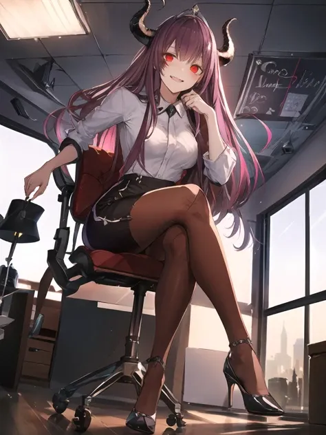 anime girl sitting in a chair with horns on her head