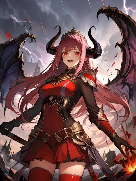 anime girl with pink hair and horns holding a sword and a dragon