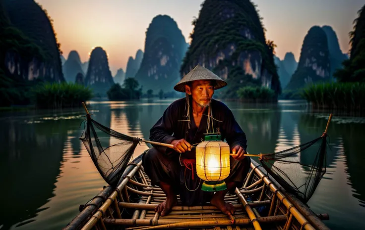 A national geographic photo of a chinese cormorant fisherman, a solitary lantern at the bow of his bamboo raft casting a warm glow on his nets, blue hour, in a karst landscape in yangshuo china, underexposed