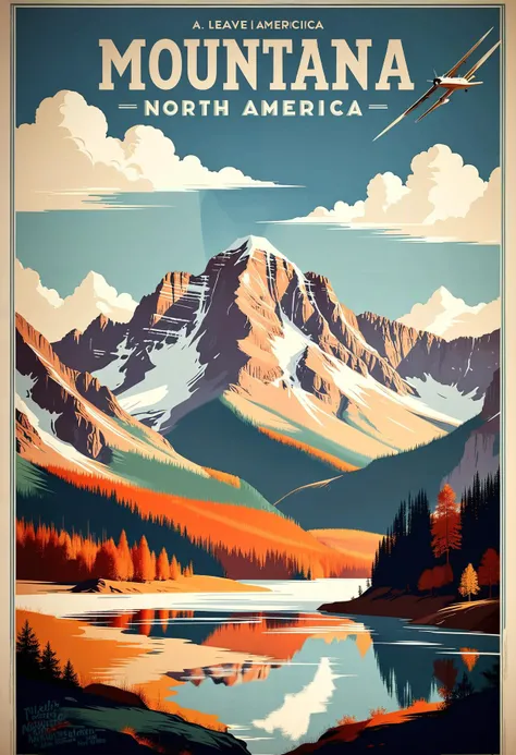 a poster of a plane flying over a mountain lake