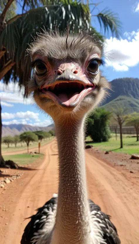 an image of an ostrich is standing on a dirt road