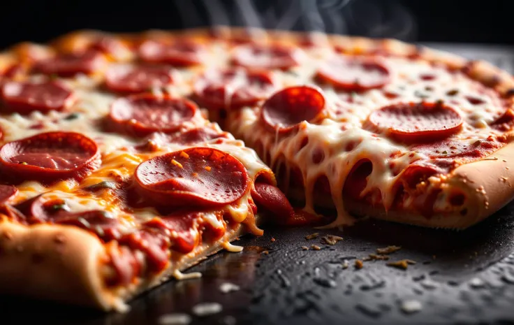 An extreme macro close up detailed magazine quality food photograph of a delicious pepperoni pizza, showing the intricate detail of the cheese and pepperoni, fresh out of the oven, steam rising off of it, shot from the side, underexposed, contrasty