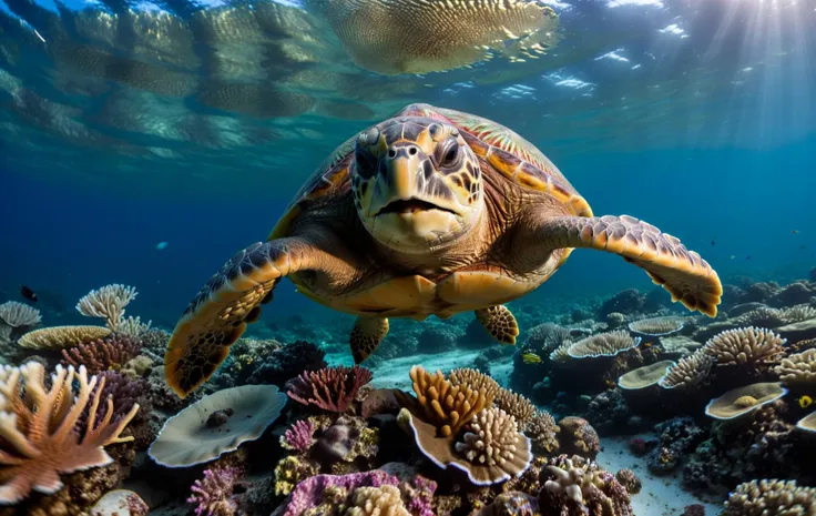 A national geographic nature photo of a sea turtle swimming gracefully through a reef deep under the water, teeming with sea life
