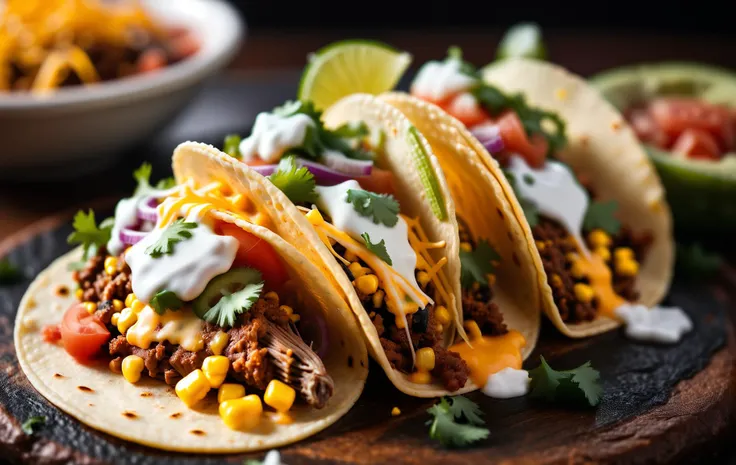 An extreme macro close up detailed magazine quality food photograph of authentic street tacos, showing the intricate detail of the corn tortilla and cheese, underexposed, contrasty
