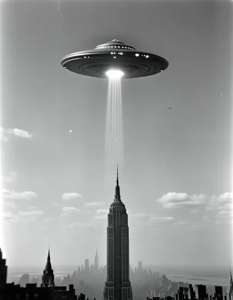 a black and white photo of a flying saucer over a city