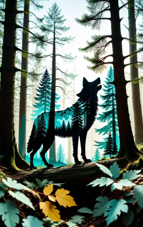 paper cutout double exposure, forest inside the silhouette of a wolf, double exposure created with paper cutout, paper cutout