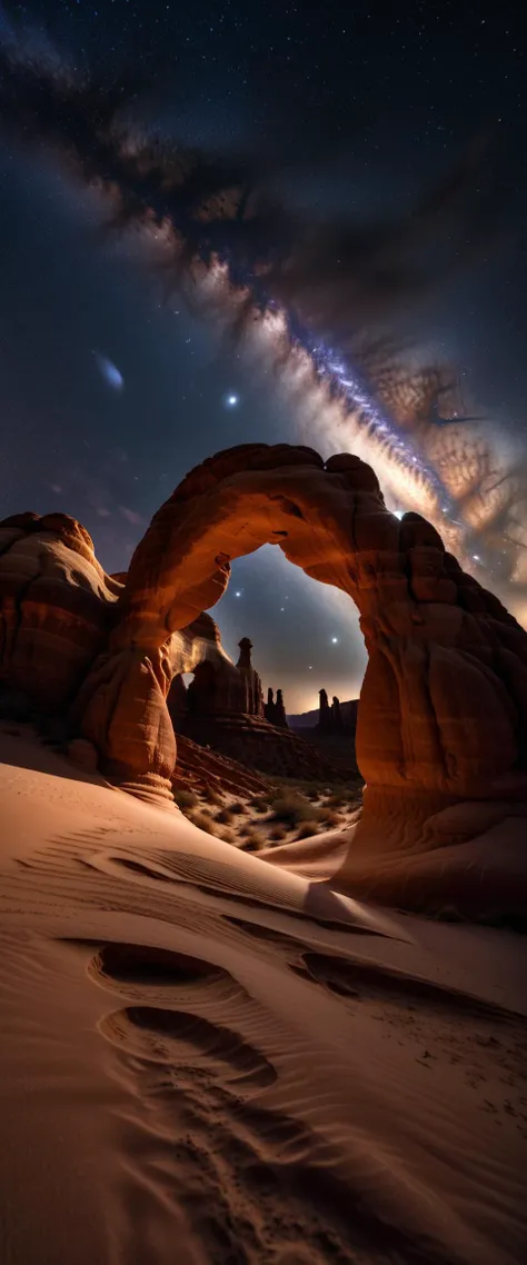 a view of a desert with a large arch in the middle