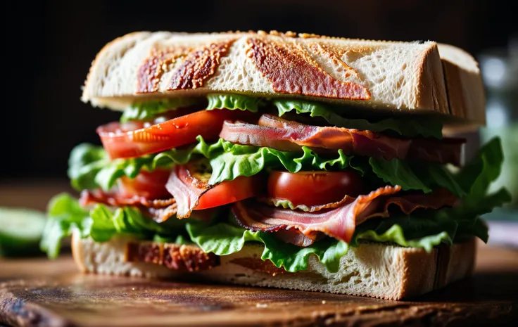 An extreme macro close up detailed magazine quality food photograph of a BLT sandwich, showing the intricate detail of the bacon lettuce and tomato, underexposed, contrasty, shot from the side, in a rustic kitchen
