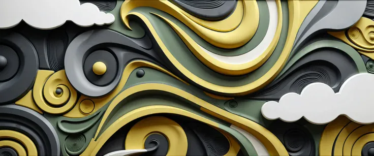 design a captivating generative abstract art piece inspired by Maori carving patterns, reimagined with a modern twist. Incoportate colours of yllow, olive green , gun metal grey, white and black to create a visually stunning composition. Explore the interp...