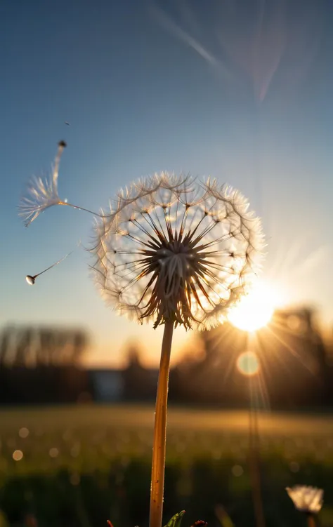 A macro shot of a single dandelion seed floating through the air, sun setting behind it, lens flare