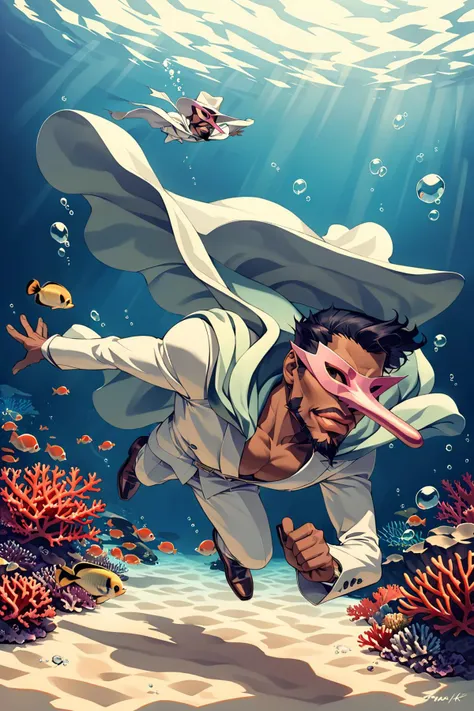 a cartoon of a man in a white suit diving under the ocean