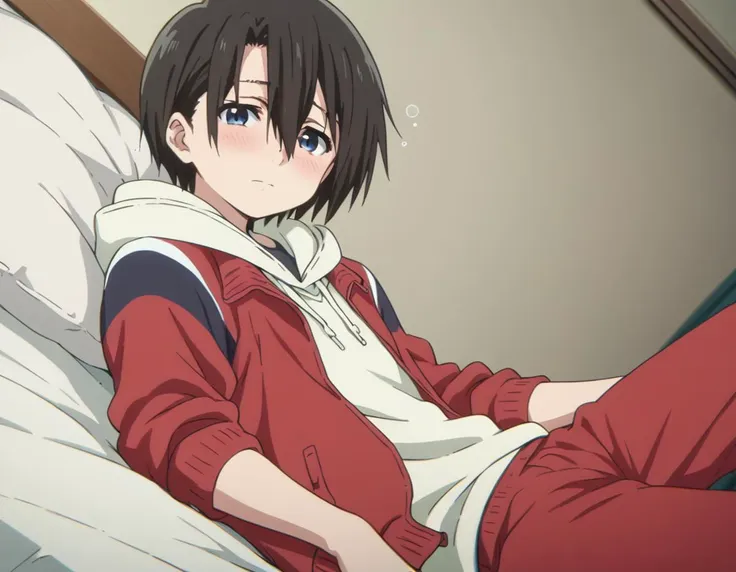 anime image of a woman in red tracksuit laying on a bed