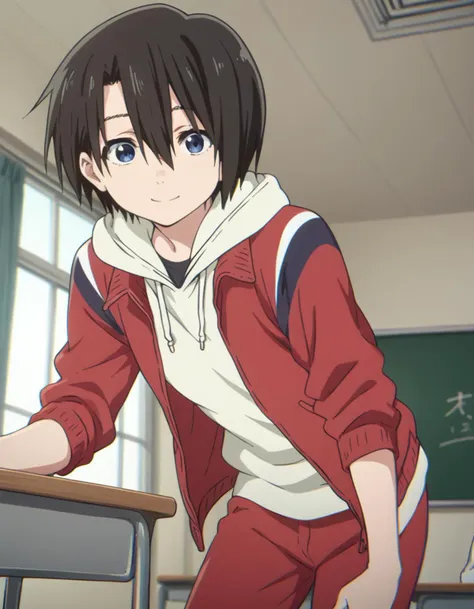 anime image of a girl in a red jacket leaning on a desk