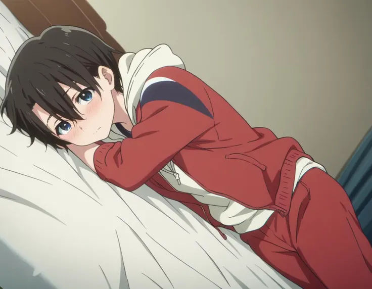 anime image of a woman laying on a bed with her head on her pillow