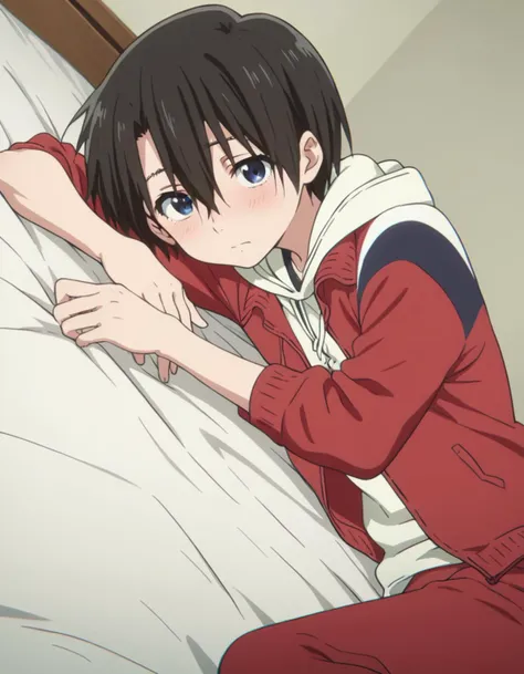 anime boy in red tracksuit laying on a bed with his arm on the pillow