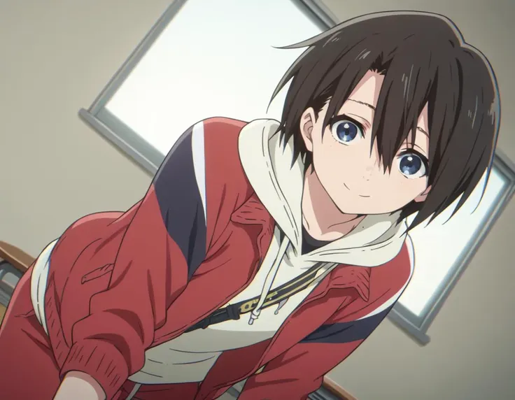 anime image of a man in a red jacket and white hoodie