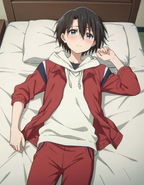 anime image of a young man laying in bed with his hands on his head