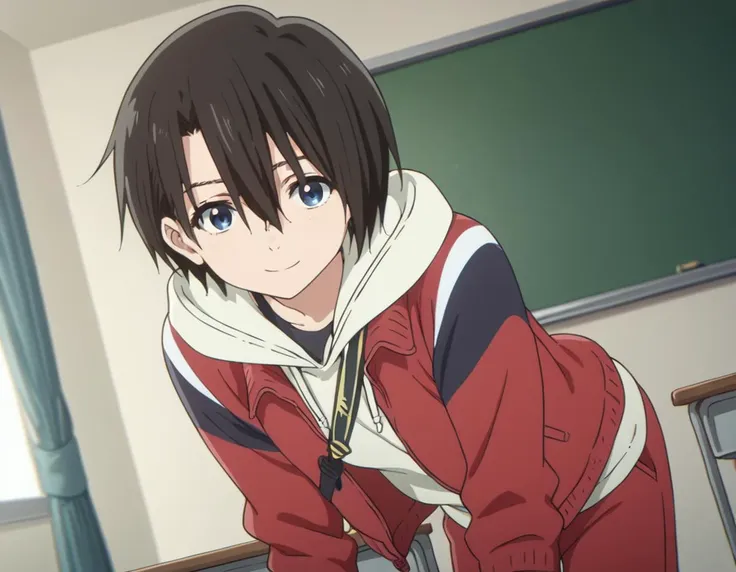 anime image of a girl in a red jacket leaning on a desk