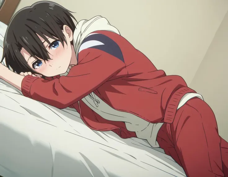 anime image of a boy laying on a bed with his head on his hands