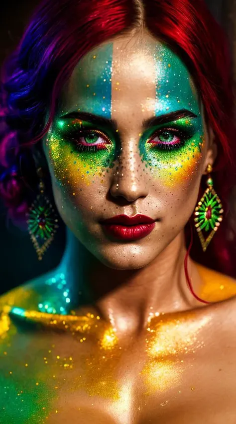 a woman with colorful makeup and body paint posing for a picture