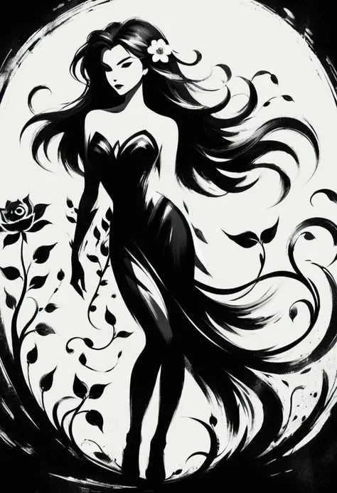 a black and white drawing of a woman with long hair