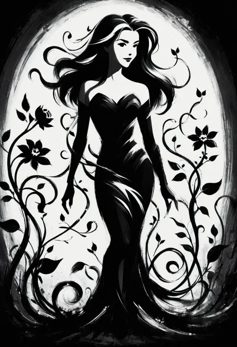 a black and white drawing of a woman in a dress