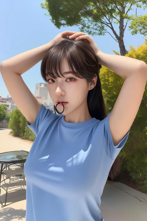 ((((ultra illustrated style:1.0)))),best quality,best animated,masterpiece,ray tracing, global illumination,hair tie in mouth,1girl, solo, upper body, looking at viewer, outdoors,hands in hair, <lora:hair tie in mouth:0.6>