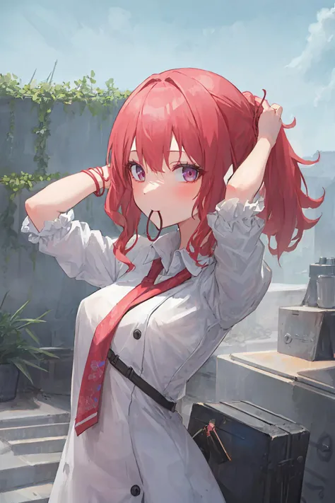 ((((ultra illustrated style:1.0)))),best quality,best animated,masterpiece,ray tracing, global illumination,hair tie in mouth,1girl, solo, upper body, looking at viewer, outdoors,hands in hair, <lora:hair tie in mouth:0.7>