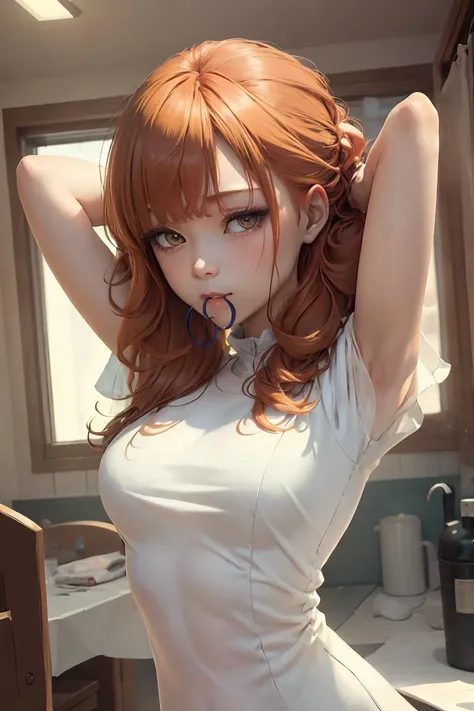 anime girl with red hair posing in a white dress in a kitchen