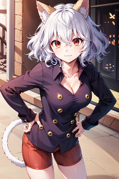 masterpiece, best quality, highres, neferpitou1, cat ears, (cat tail:0.6), solo, short hair, red eyes, long sleeves, hair between eyes, :3, curly hair, striped, cat girl, buttons, striped shorts, town, leaning forward, hand on hip, cleavage, <lora:neferpit...