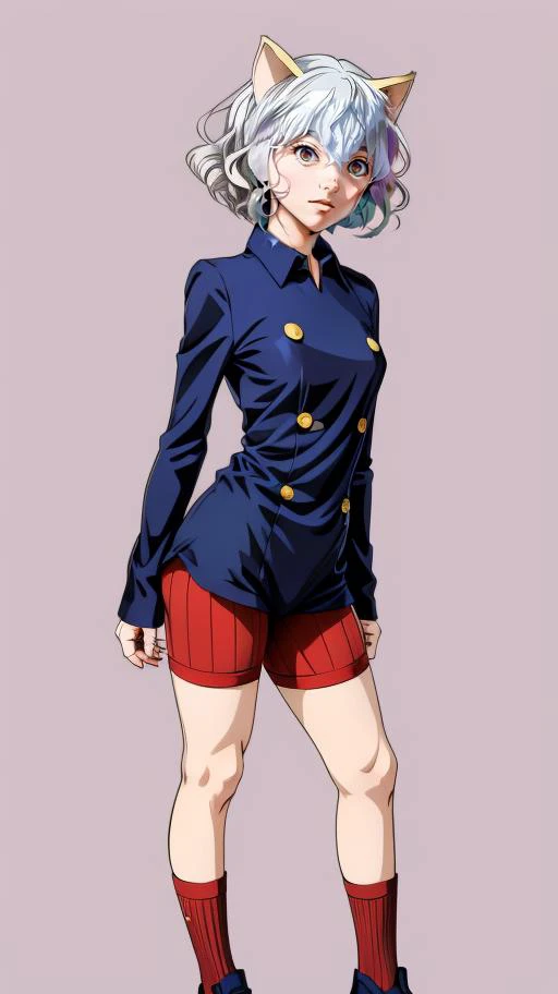 a woman in a blue shirt and red shorts with a cat ears