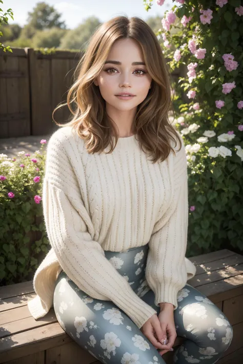 a woman sitting on a bench in a white sweater and blue pants