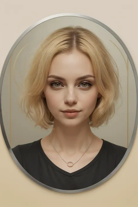 a woman with blonde hair and a necklace in a mirror